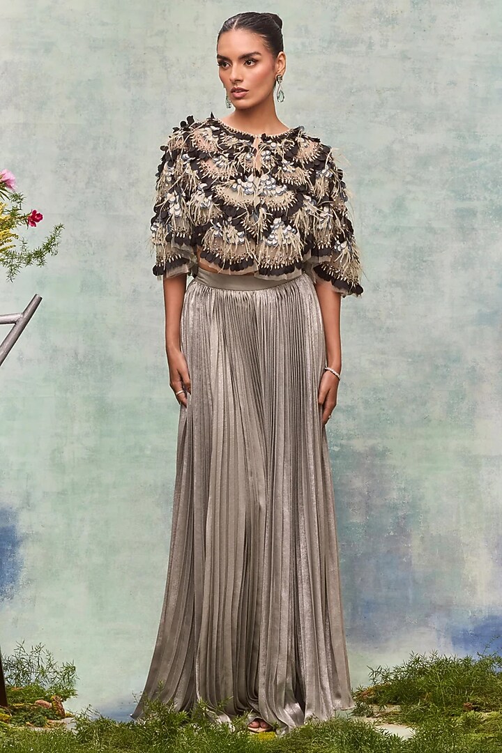 Mint Tulle Floral Embroidered Cape by Not So Serious By Pallavi Mohan at Pernia's Pop Up Shop