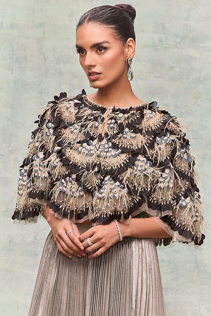 Mint Tulle Floral Embroidered Cape by Not So Serious By Pallavi Mohan at Pernia's Pop Up Shop