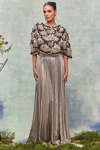 Mint Lurex Crepe Pleated Skirt by Not So Serious By Pallavi Mohan