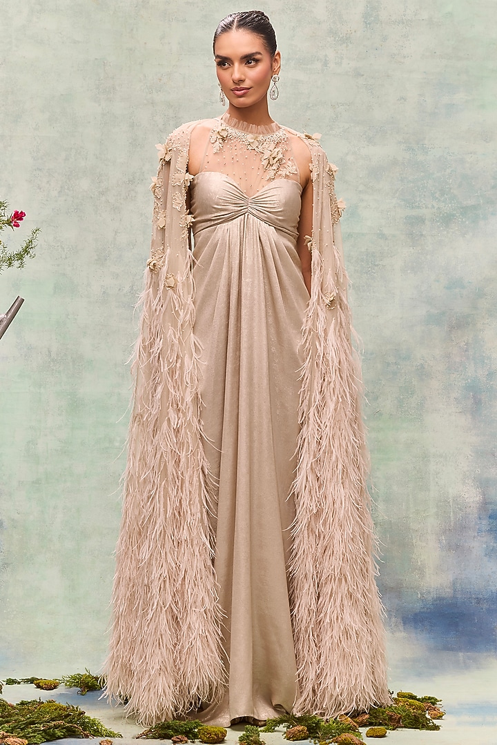 Beige Lurex Crepe Draped Party Wear Dress by Not So Serious By Pallavi Mohan at Pernia's Pop Up Shop