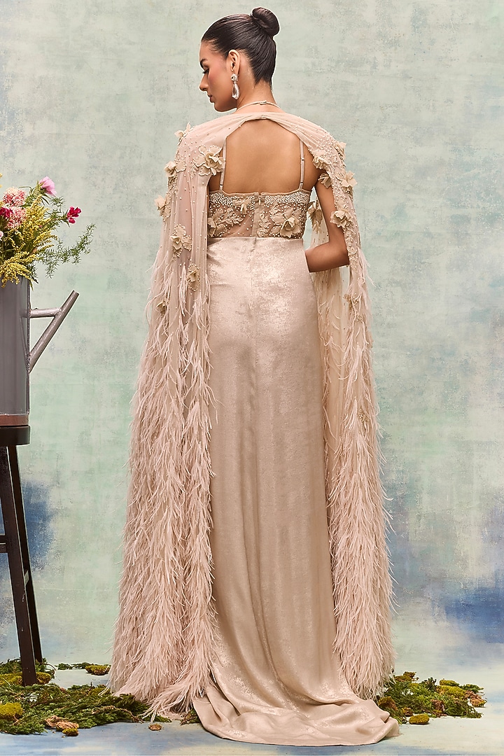 Beige Lurex Crepe Draped Party Wear Dress by Not So Serious By Pallavi Mohan at Pernia's Pop Up Shop