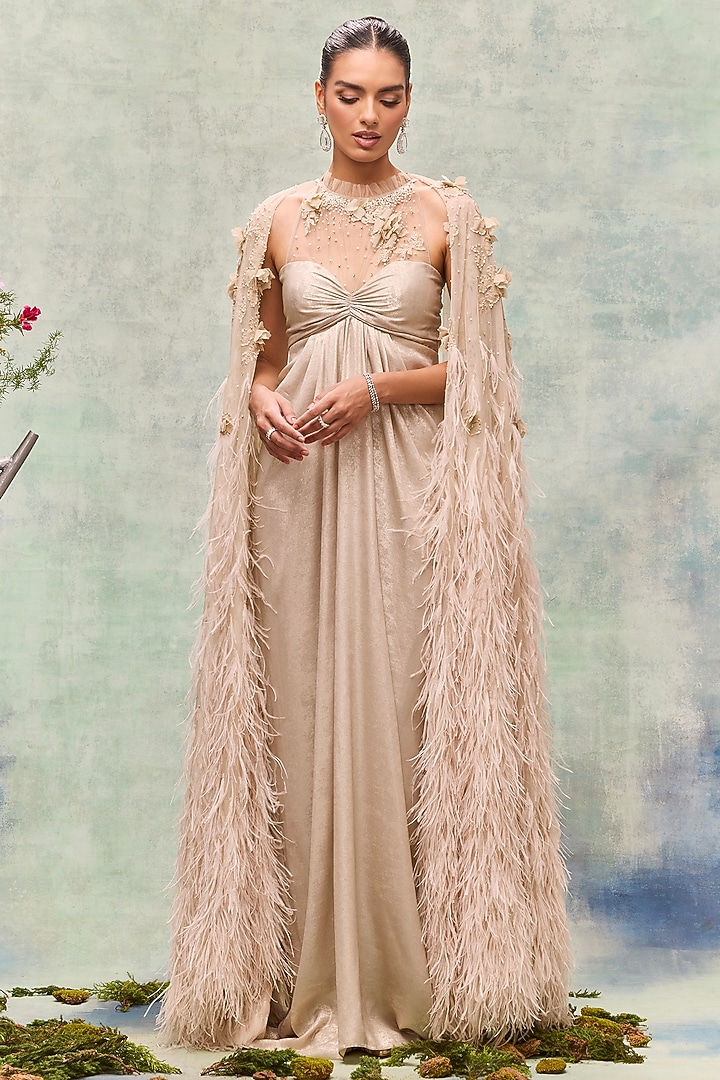 Beige Lurex Crepe Draped Party Wear Dress by Not So Serious By Pallavi Mohan at Pernia's Pop Up Shop