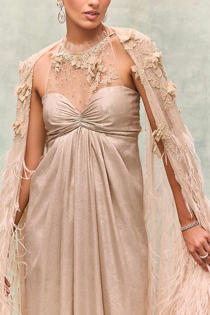 Beige Lurex Crepe Draped Party Wear Dress by Not So Serious By Pallavi Mohan at Pernia's Pop Up Shop