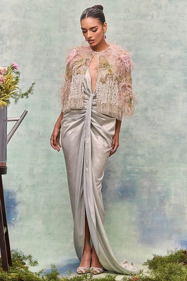 Ivory Tulle Applique Embroidered Cape by Not So Serious By Pallavi Mohan at Pernia's Pop Up Shop