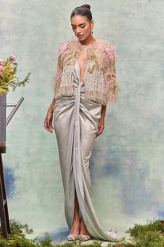 Ivory Tulle Applique Embroidered Cape by Not So Serious By Pallavi Mohan