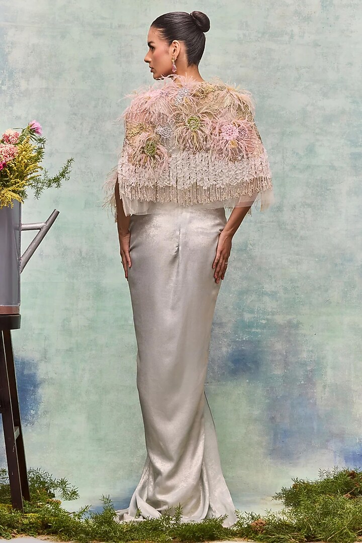 Ivory Tulle Applique Embroidered Cape by Not So Serious By Pallavi Mohan at Pernia's Pop Up Shop
