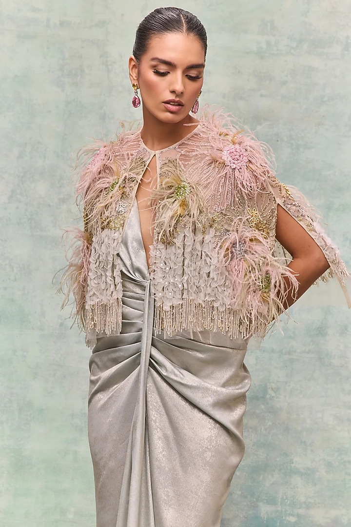 Ivory Tulle Applique Embroidered Cape by Not So Serious By Pallavi Mohan at Pernia's Pop Up Shop