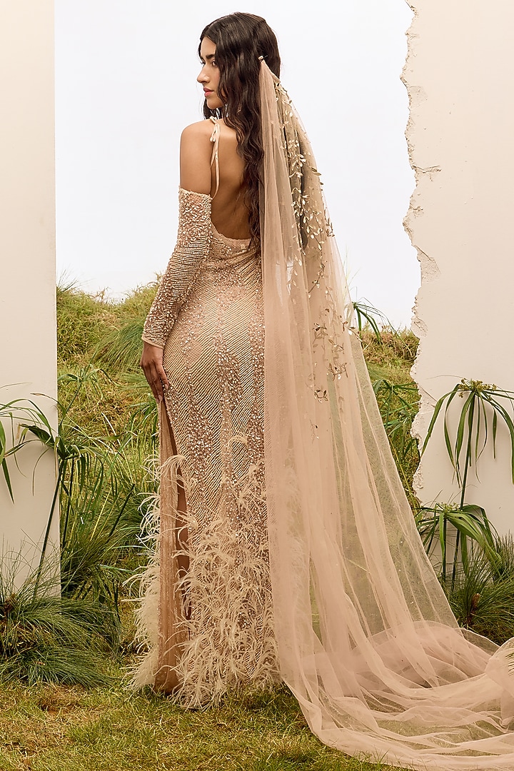 Blush Mesh Bead Hand Embroidered Maxi Party Wear Dress by Not So Serious By Pallavi Mohan at Pernia's Pop Up Shop
