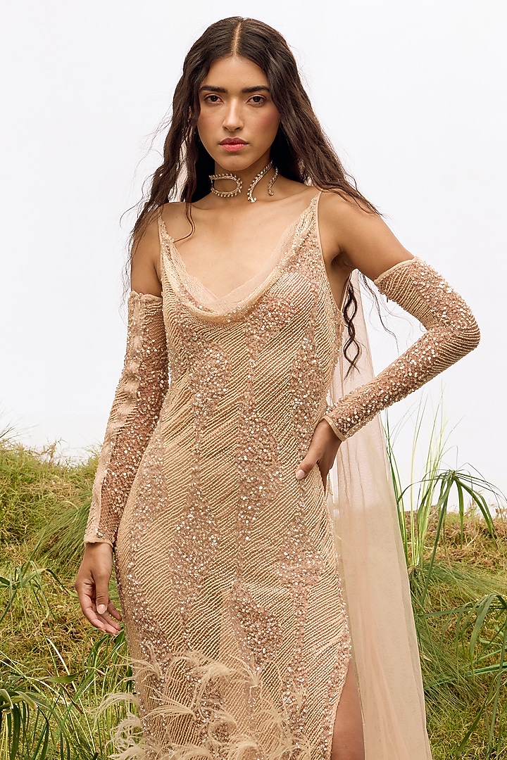 Blush Mesh Bead Hand Embroidered Maxi Party Wear Dress by Not So Serious By Pallavi Mohan at Pernia's Pop Up Shop