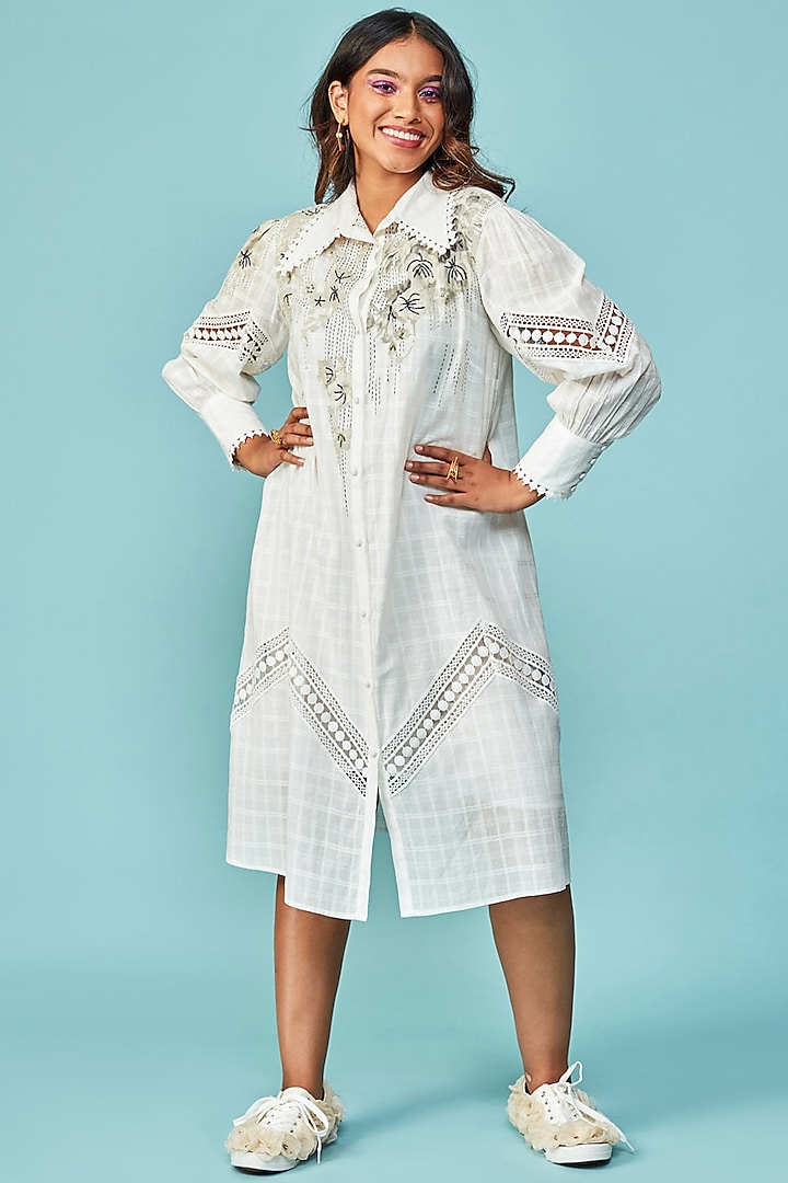 Ivory Floral Embellished Shirt Dress by Not So Serious by Pallavi Mohan