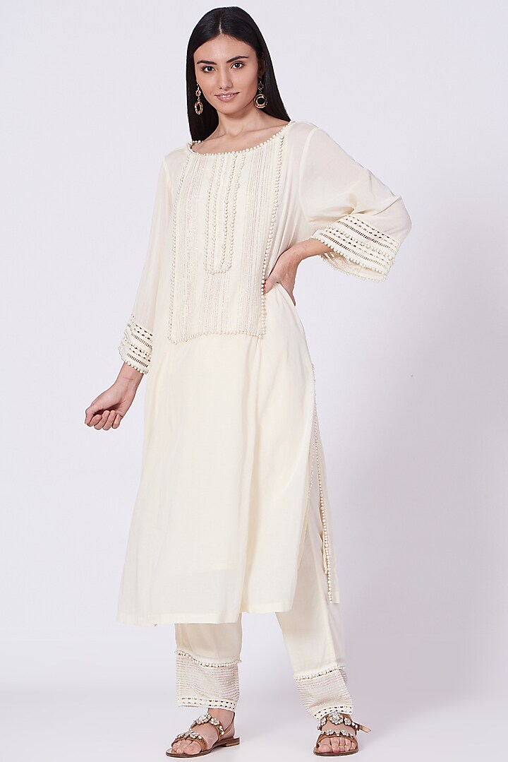 Off-White Embroidered Kurta Set by NSS Pret by Pallavi Mohan