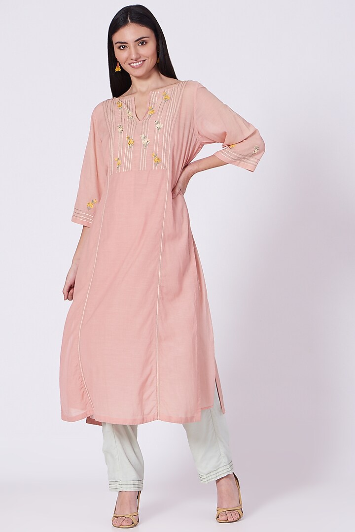 Blush Pink Embroidered Kurta Set by NSS Pret by Pallavi Mohan