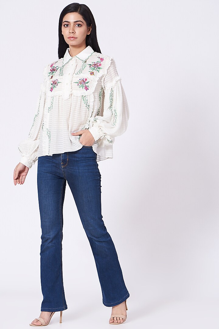 White Floral Embroidered Top by NSS Pret by Pallavi Mohan