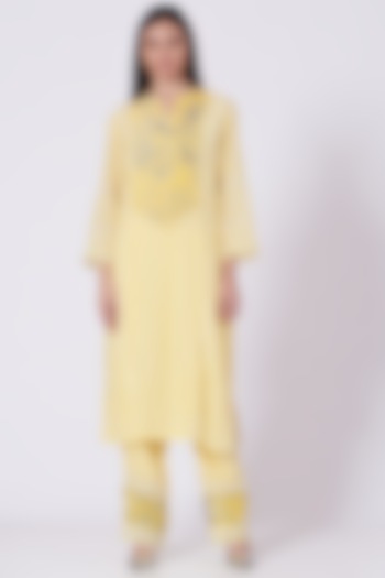 Yellow Printed & Embroidered Kurta Set by NSS Pret by Pallavi Mohan