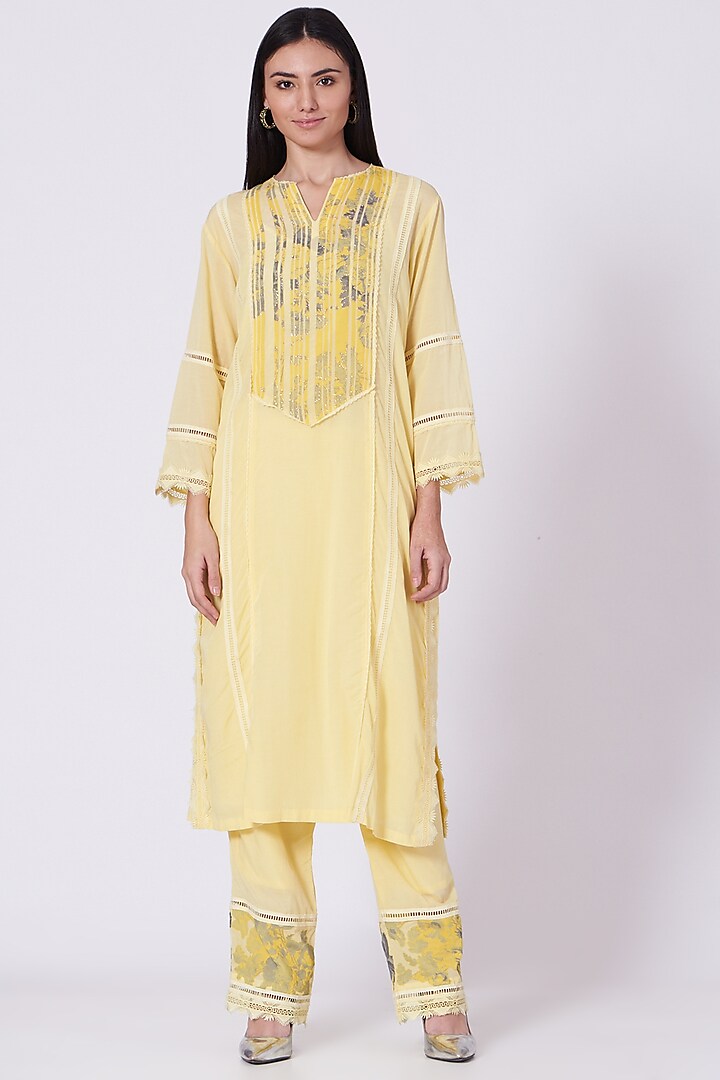 Yellow Printed & Embroidered Kurta Set by NSS Pret by Pallavi Mohan