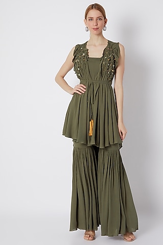 Olive Green Embroidered Sharara Set by Naina Seth