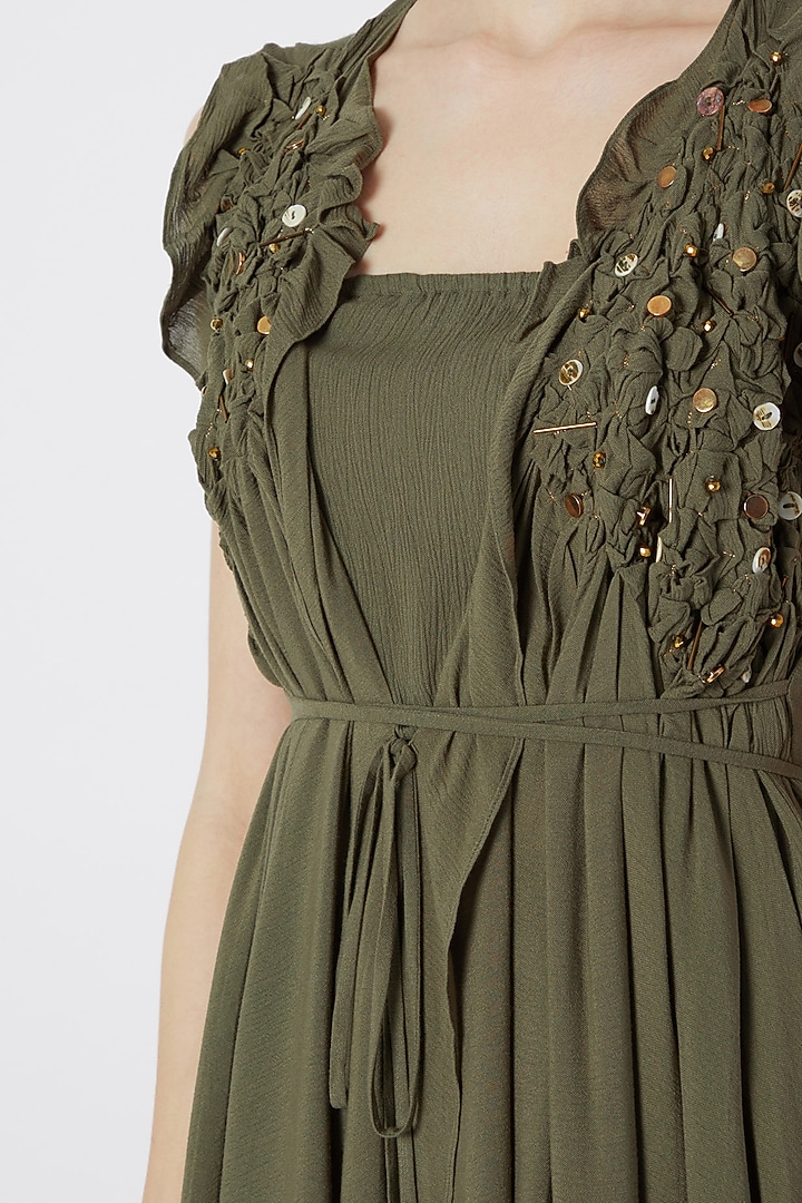 Olive Green Embroidered Party Wear Sharara Set by Naina Seth at Pernia's Pop Up Shop