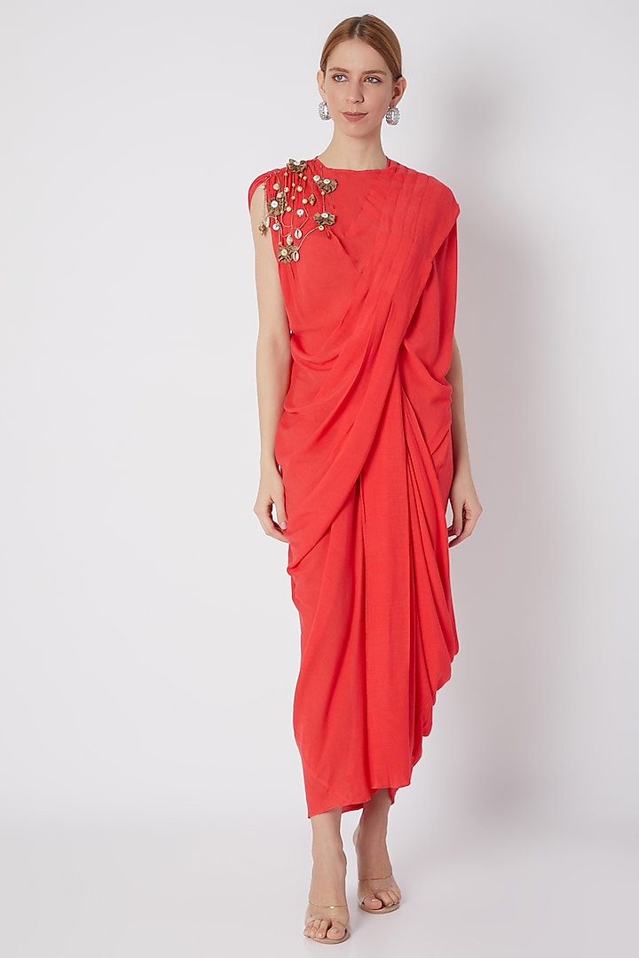 Coral Red Embroidered Draped Dress by Naina Seth