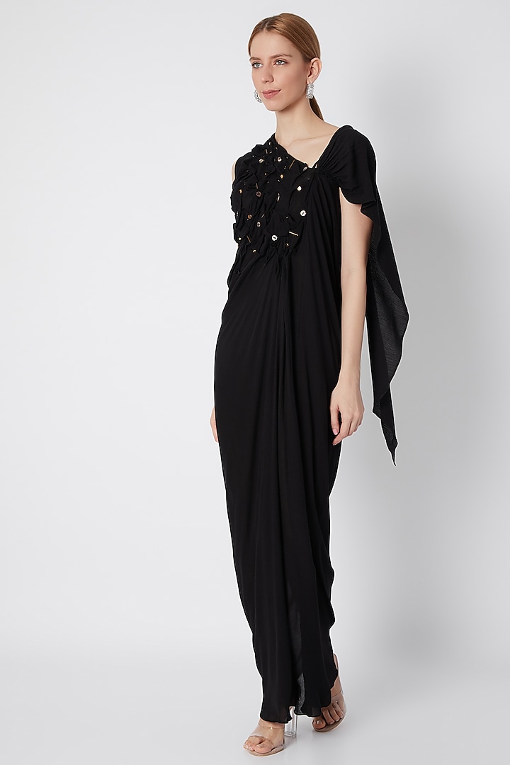 Black Dress With Asymmetric Neckline by Naina Seth