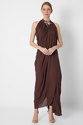 Brown Draped Dress With In-Cut Collar by Naina Seth