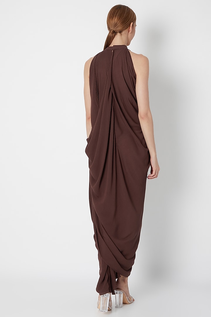 Brown Draped Summer Dress With In-Cut Collar by Naina Seth at Pernia's Pop Up Shop