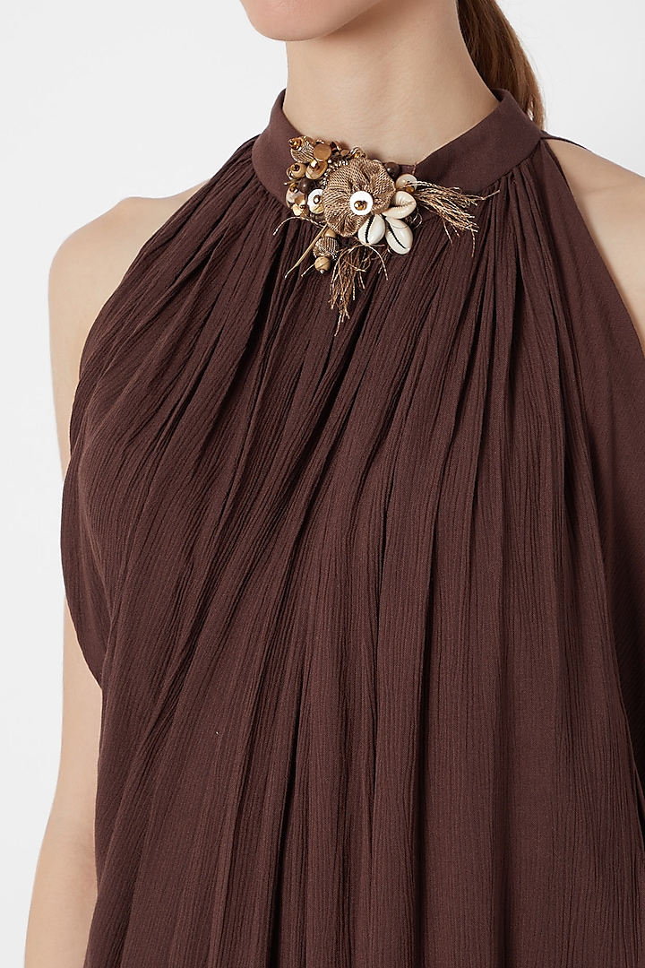 Brown Draped Summer Dress With In-Cut Collar by Naina Seth at Pernia's Pop Up Shop