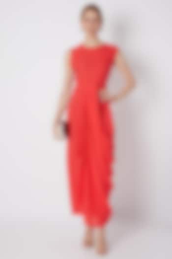Coral Red Dress With Closed Neckline by Naina Seth
