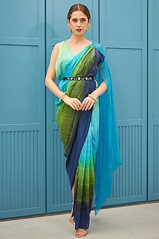 Fluorescent Turquoise & Marine Blue Ombre Chifffon Printed Gown Saree With Belt by Naina Seth