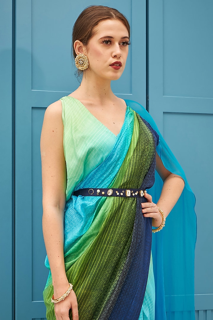 Fluorescent Turquoise & Marine Blue Ombre Chifffon Printed Festive Gown Saree With Belt by Naina Seth at Pernia's Pop Up Shop