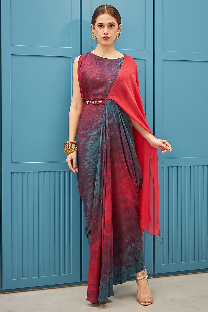 Bright Red & Paisley Blue Printed Draped Dress by Naina Seth