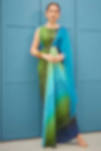 Grass Green & Medium Turquoise Printed Draped Dress by Naina Seth