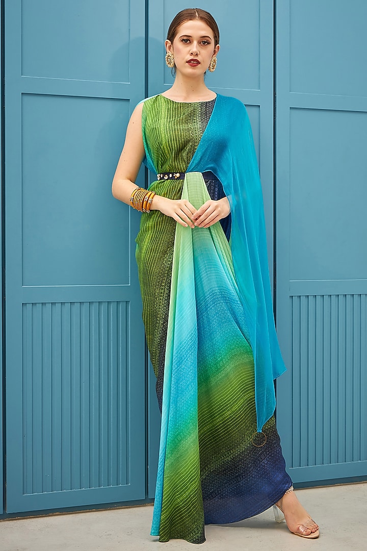 Grass Green & Medium Turquoise Printed Draped Dress by Naina Seth
