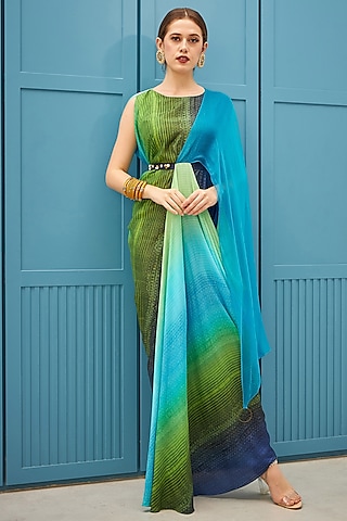 Grass Green & Medium Turquoise Printed Draped Dress by Naina Seth
