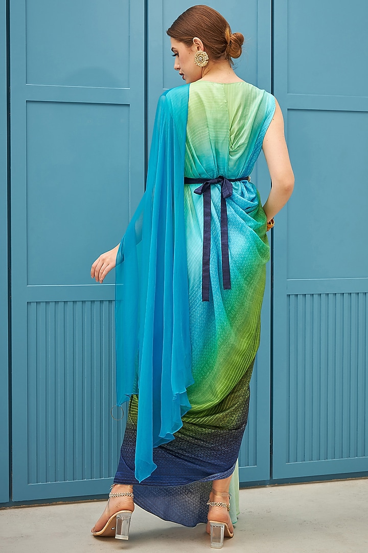 Grass Green & Medium Turquoise Printed Draped Summer Dress by Naina Seth at Pernia's Pop Up Shop