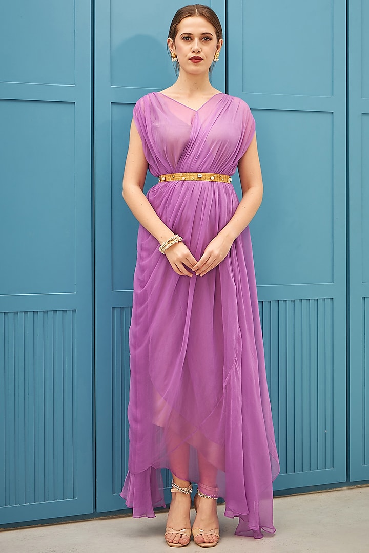 Lilac Chiffon Asymmetrical Draped Gown by Naina Seth