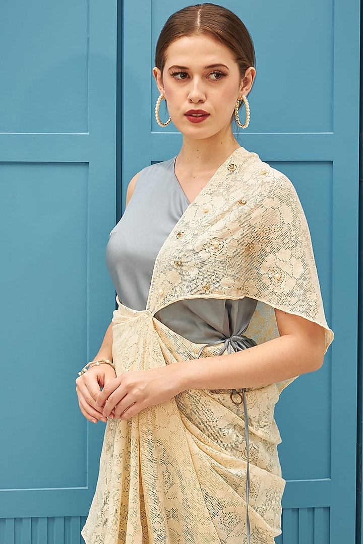 Grey & Off-White Printed Draped Summer Dress by Naina Seth at Pernia's Pop Up Shop
