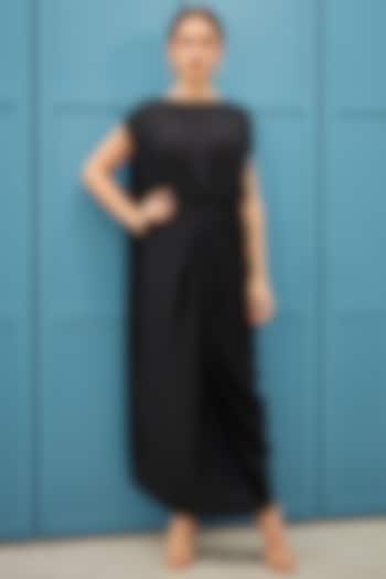 Black Moss Crepe Draped Dress by Naina Seth
