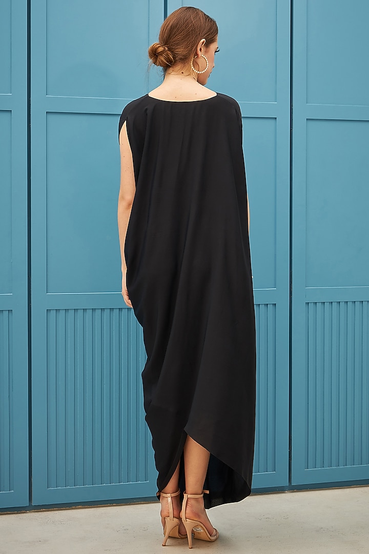 Black Moss Crepe Draped Summer Dress by Naina Seth at Pernia's Pop Up Shop