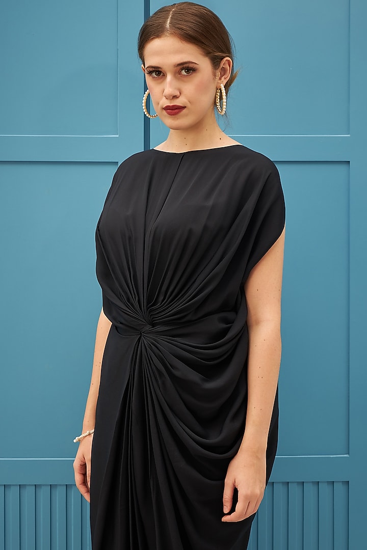 Black Moss Crepe Draped Summer Dress by Naina Seth at Pernia's Pop Up Shop