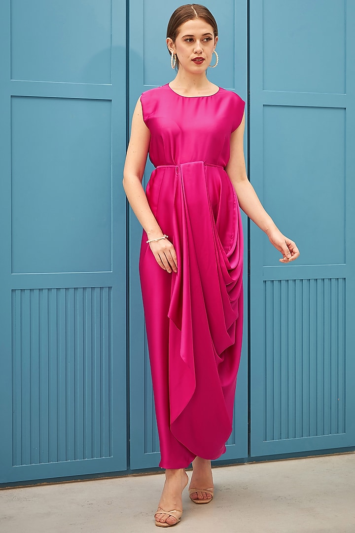 Fuchsia Moss Satin Draped Gown by Naina Seth