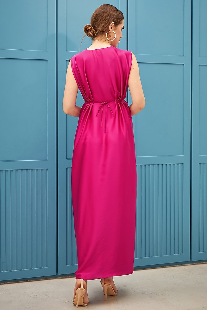 Fuchsia Moss Satin Draped Gown by Naina Seth at Pernia's Pop Up Shop