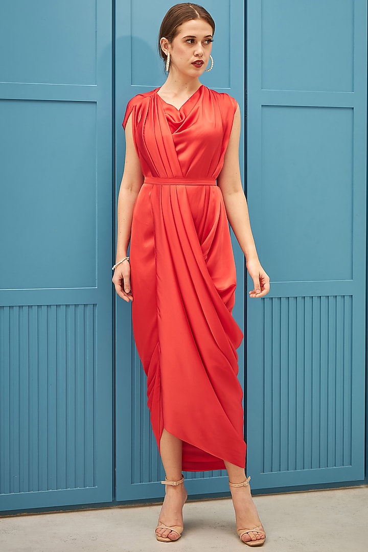 Burnt Orange Overlapped Draped Summer Dress by Naina Seth at Pernia's Pop Up Shop