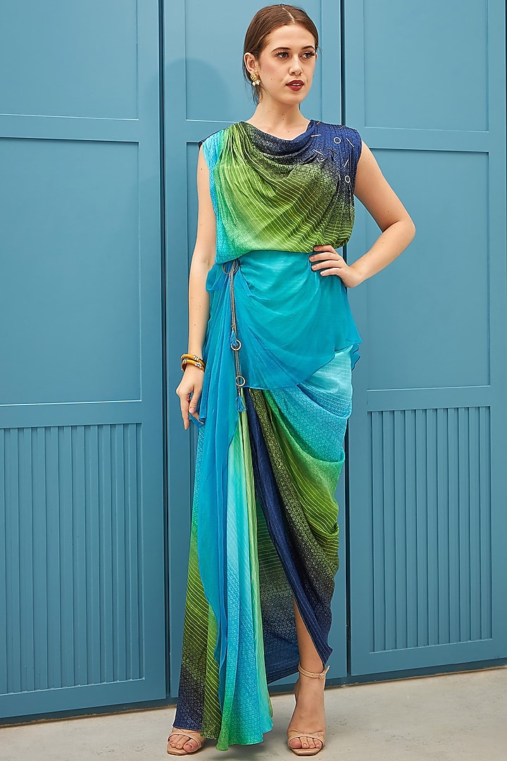 Multi-Colored Digital Printed Draped Dress by Naina Seth