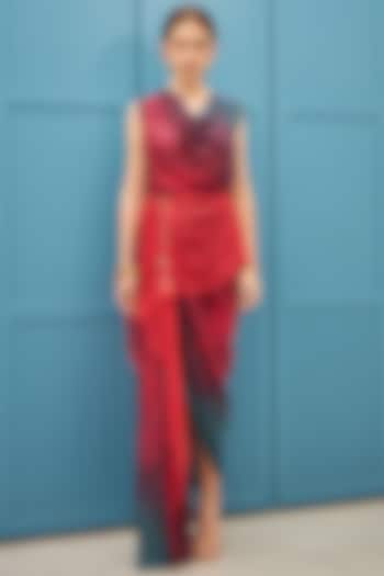 Bright Red Printed Draped Dress by Naina Seth