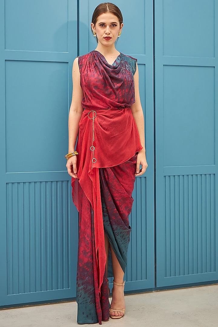 Bright Red Printed Draped Dress by Naina Seth at Pernia's Pop Up Shop