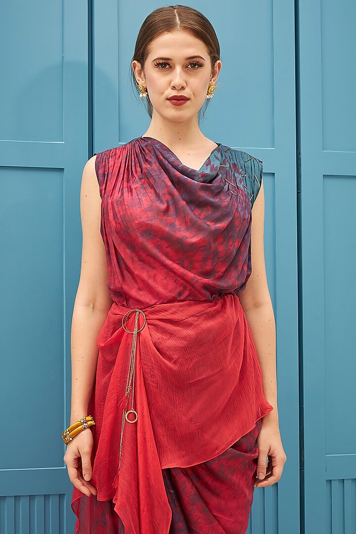 Bright Red Printed Draped Dress by Naina Seth at Pernia's Pop Up Shop 2025