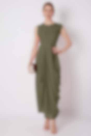 Olive Green Wrinkled Viscose Rayon Dress by Naina Seth