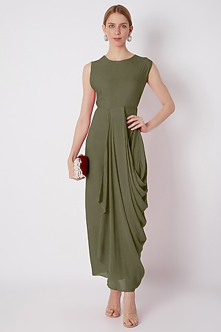 Olive Green Wrinkled Viscose Rayon Dress by Naina Seth