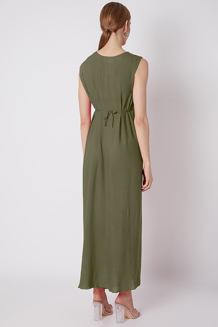 Olive Green Wrinkled Viscose Rayon Dress by Naina Seth at Pernia's Pop Up Shop