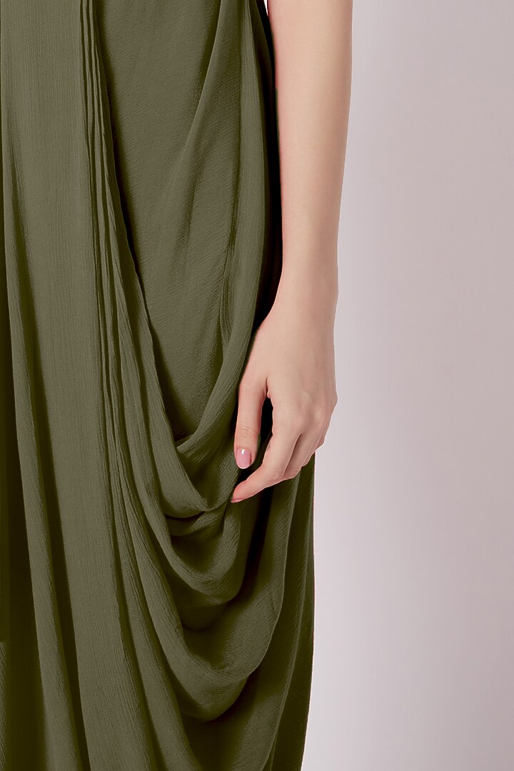 Olive Green Wrinkled Viscose Rayon Dress by Naina Seth at Pernia's Pop Up Shop